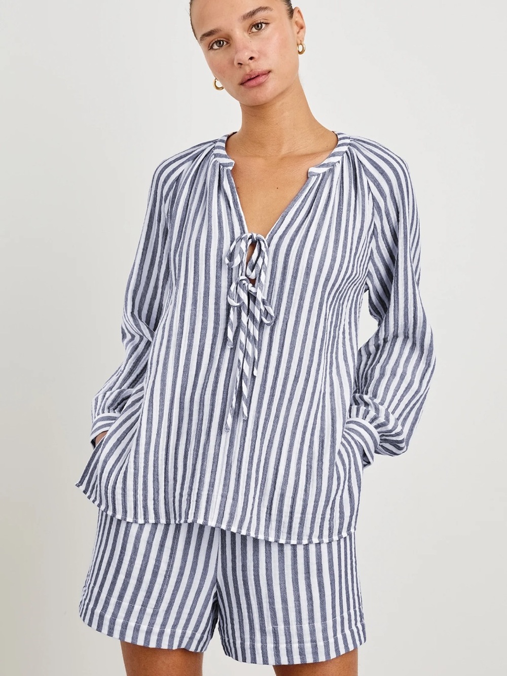 Rails Brielle Tie-Front Blouse Top in Admiral Stripe 100% Organic Cotton